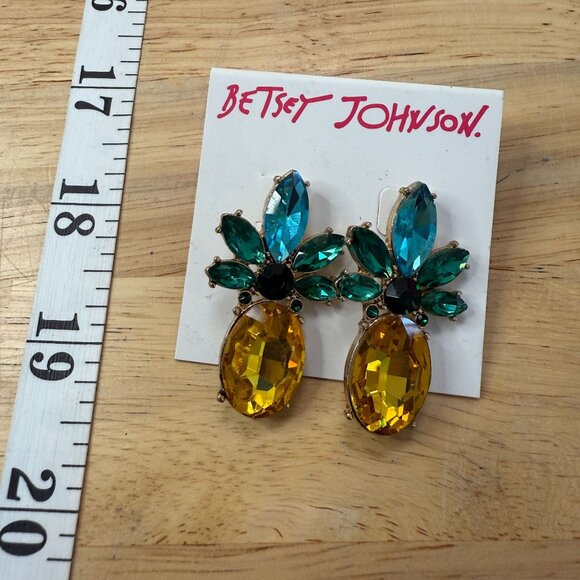 Betsey Johnson Pineapple Rhinestone Earrings With Yellow & Green Gemstones - Picture 4 of 8